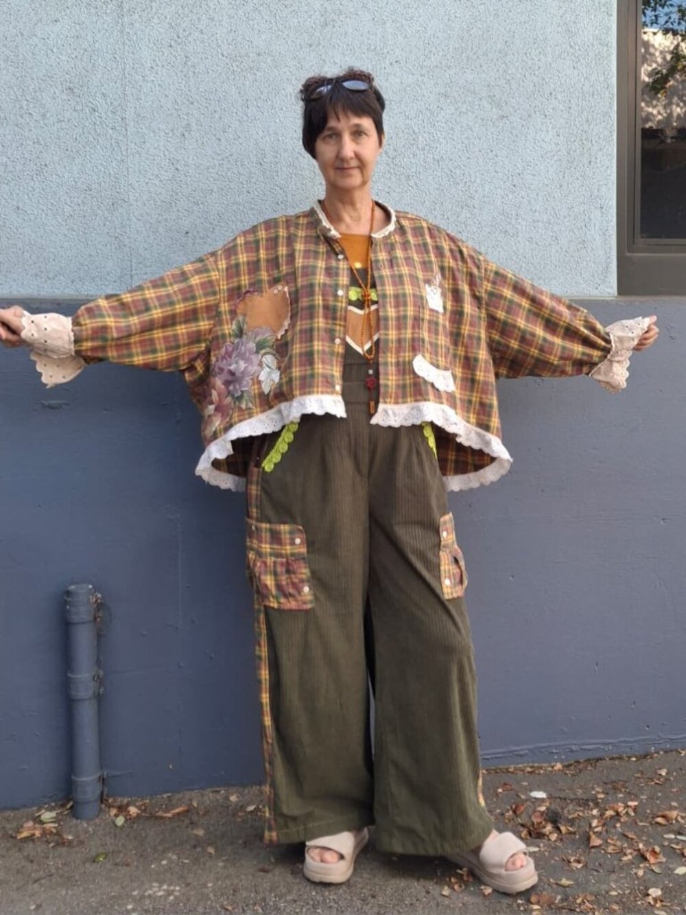 ENSY Upcycled Plaid Flannel Boho Shirt One Size Bird Lace OOAK Cottagecore